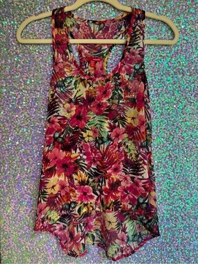 BONGO Sheer Tropical Floral Print Tank Top